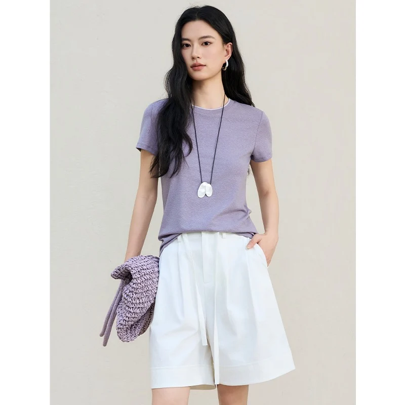 Damen Feines geripptes Kurzarm-T-Shirt aus stretchigem Baumwoll-Modal mit Rundhals Nord Taschen