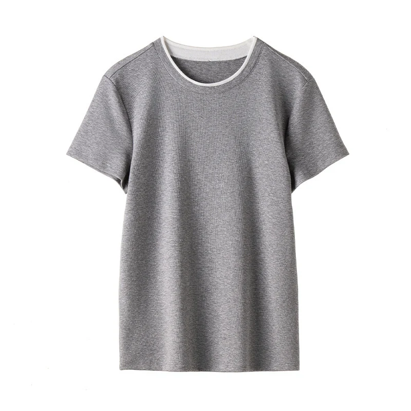 Damen Feines geripptes Kurzarm-T-Shirt aus stretchigem Baumwoll-Modal mit Rundhals Nord Taschen