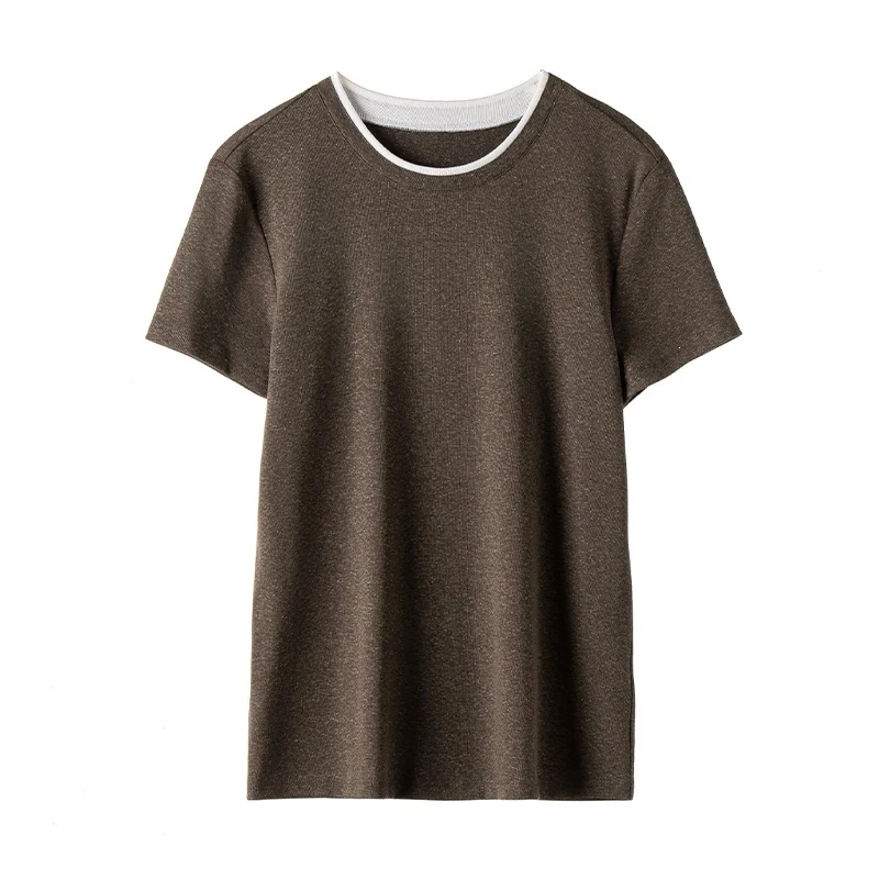 Damen Feines geripptes Kurzarm-T-Shirt aus stretchigem Baumwoll-Modal mit Rundhals Nord Taschen