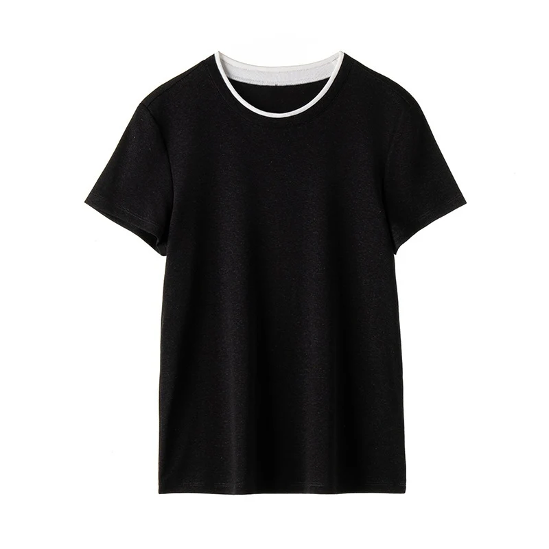 Damen Feines geripptes Kurzarm-T-Shirt aus stretchigem Baumwoll-Modal mit Rundhals Nord Taschen