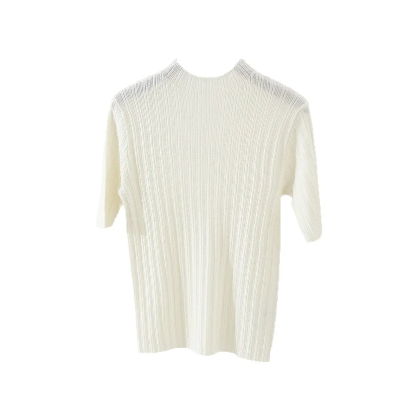 Damen Feines Geripptes Kurzarm-Feinstrickshirt mit Stehkragen Nord Taschen