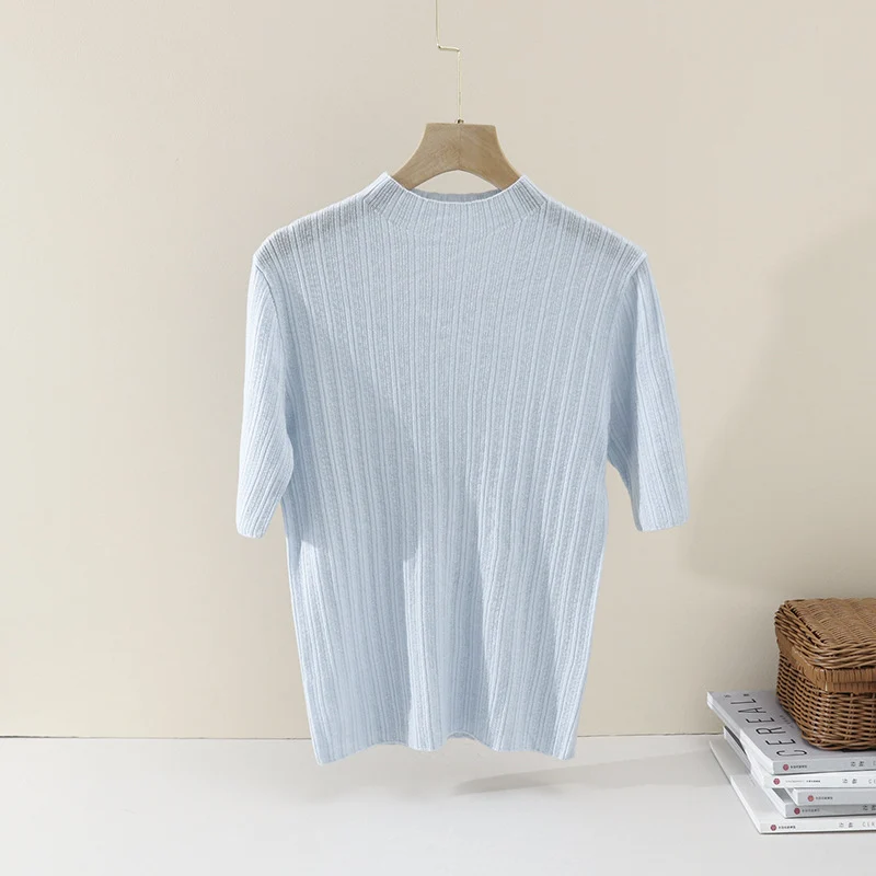 Damen Feines Geripptes Kurzarm-Feinstrickshirt mit Stehkragen Nord Taschen