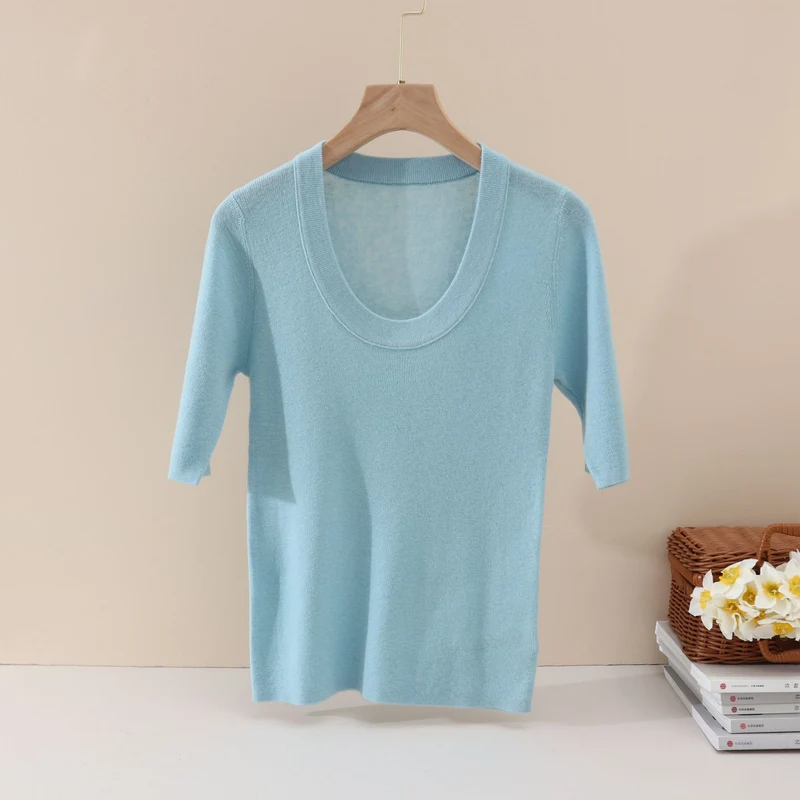 Damen Feines Feinstrick-Shirt mit tiefem Rundhals und dreiviertel Ärmeln Nord Taschen