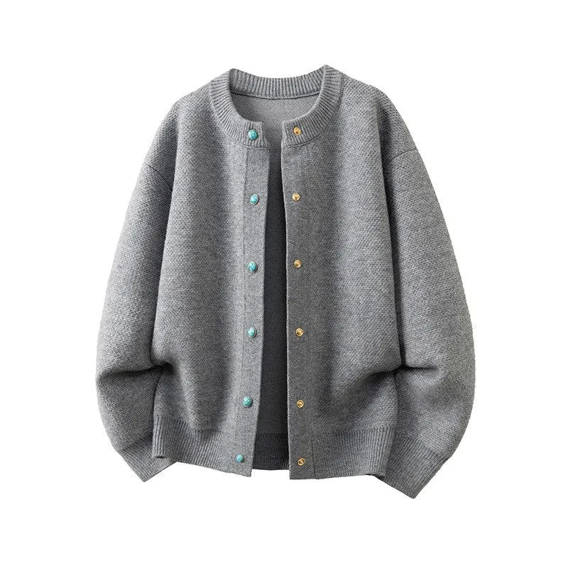 Damen Oversize-Strickjacke mit rundem Ausschnitt und kontrastknöpfen Nord Taschen
