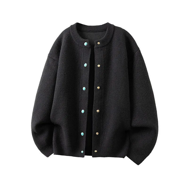 Damen Oversize-Strickjacke mit rundem Ausschnitt und kontrastknöpfen Nord Taschen