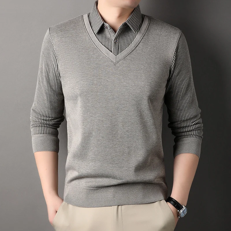 Herren Feinstrick-Pullover mit V-Ausschnitt und Hemdkragen-Optik Nord Taschen