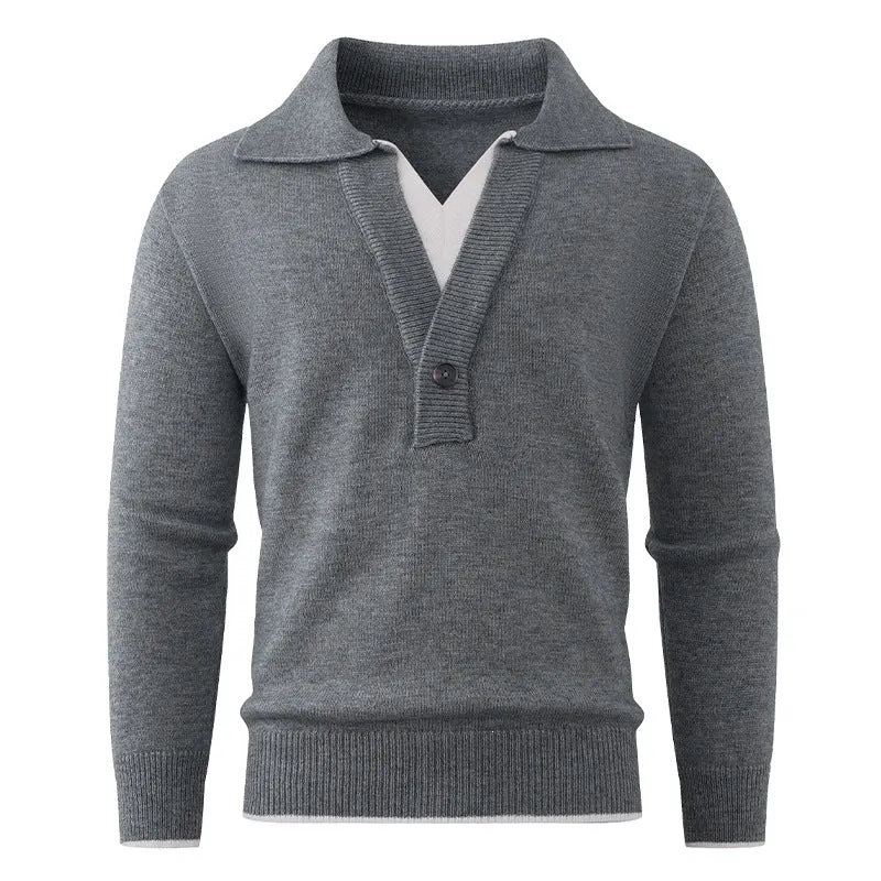 Herren Feinstrick-Pullover mit Polokragen und Ein-Knopf-Halbblende Nord Taschen