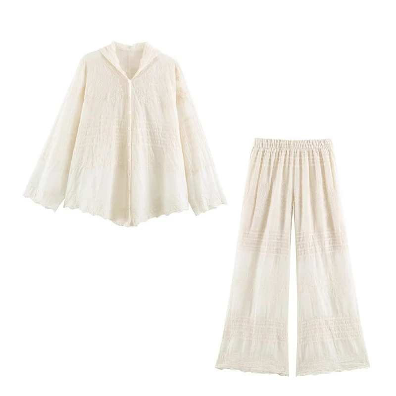 Damen Zweiteiliges Boho-Spitzen-Set mit bestickter Kapuzenbluse und weiter Plissee-Hose Nord Taschen