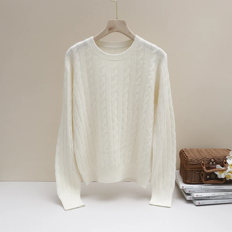 Damen Feiner Zopfmuster-Kabelstrickpullover mit Rundhalsausschnitt und Kaschmir‑Effekt Nord Taschen