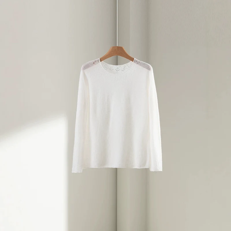Damen Feiner Rundhals-Pullover mit Spitzenstrick-Detail Nord Taschen