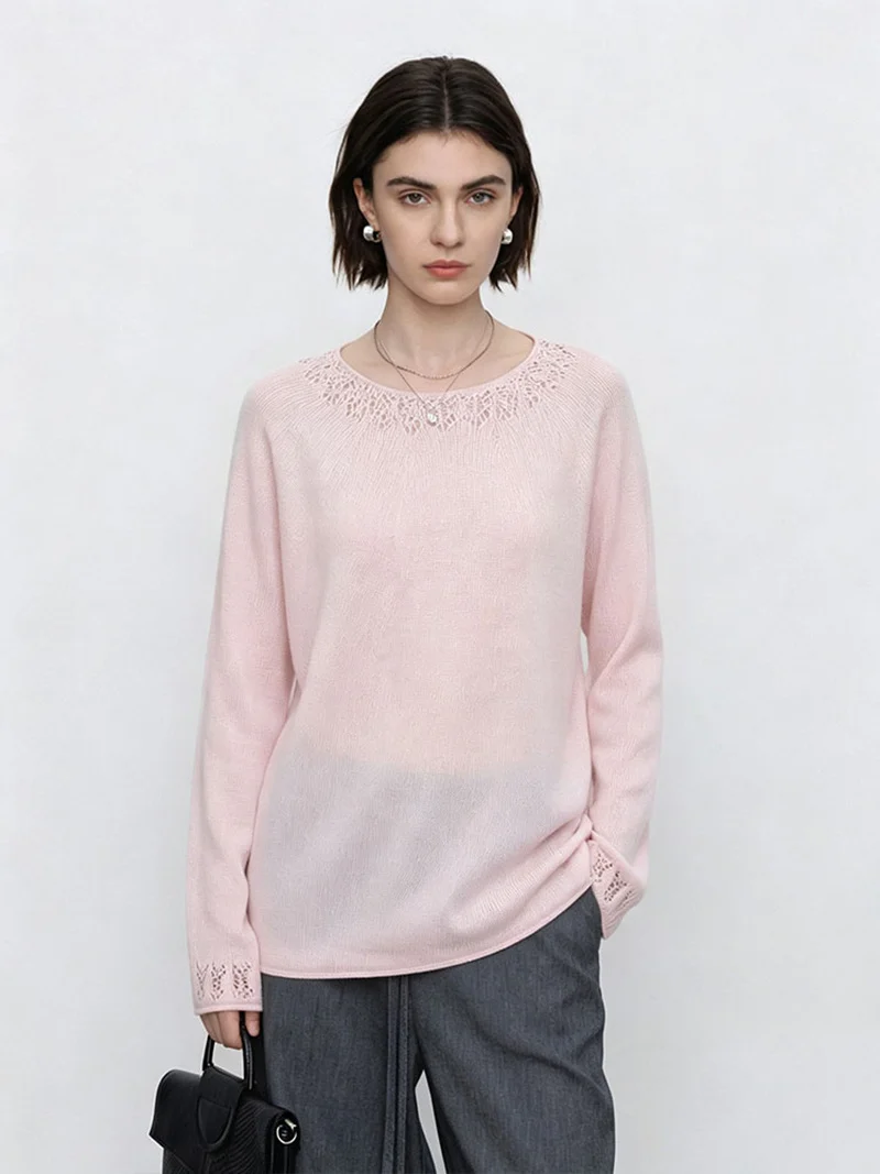 Damen Feiner Rundhals-Pullover mit Spitzenstrick-Detail Nord Taschen