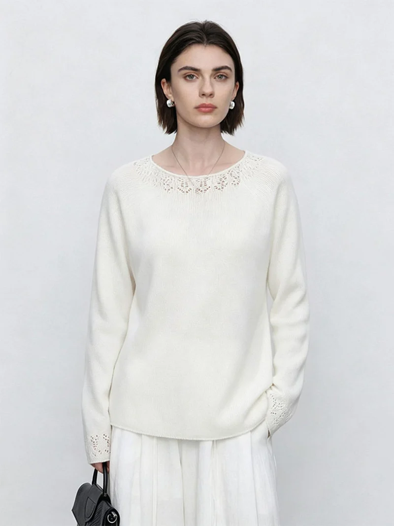 Damen Feiner Rundhals-Pullover mit Spitzenstrick-Detail Nord Taschen