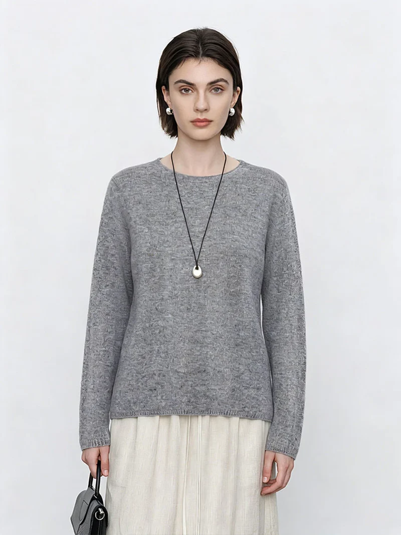 Damen Feiner Rundhals-Feinstrickpullover mit minimalistischer Silhouette und weichem Fall Nord Taschen