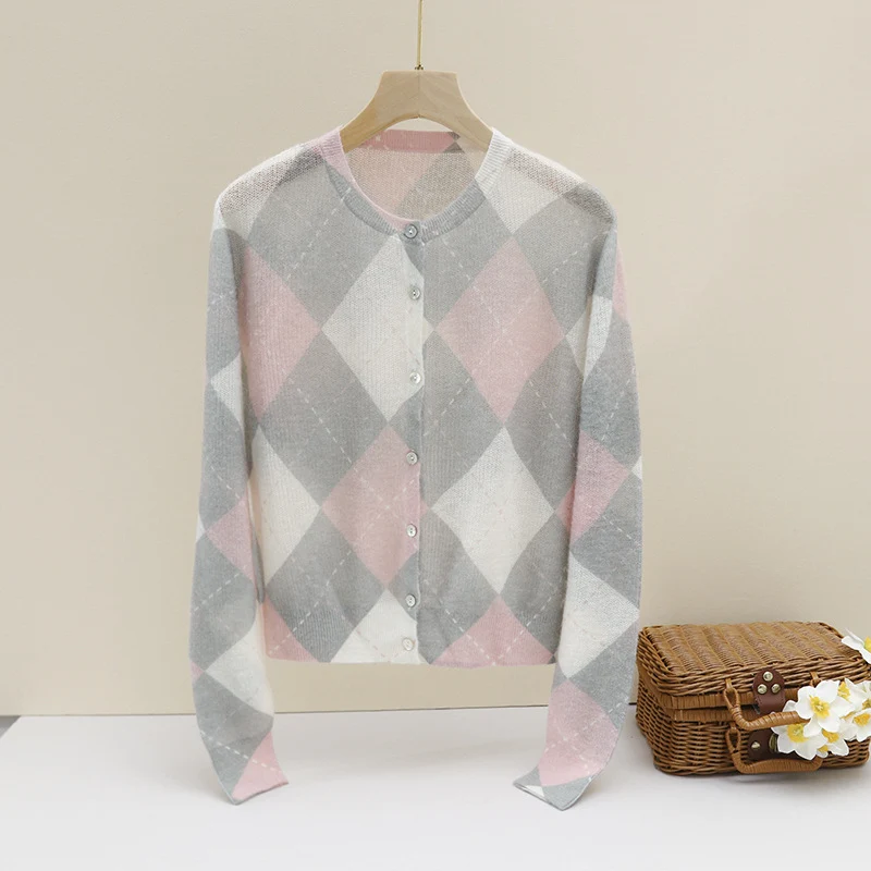 Damen Feiner Rundhals-Cardigan mit Rauten‑Argyle‑Muster aus leichtem Feinstrick Nord Taschen