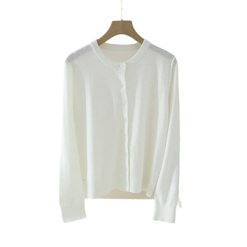 Damen Feiner Rundhals-Cardigan aus leichtem Feinstrick mit Perlmuttknopfleiste und dezentem Glitzereffekt Nord Taschen