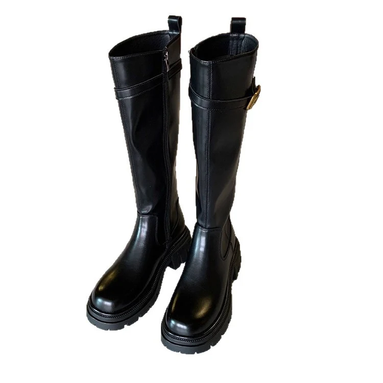 Damen Kniestiefel mit profilierter Lug‑Sohle und dekorativem Schnallenriemen Nord Taschen