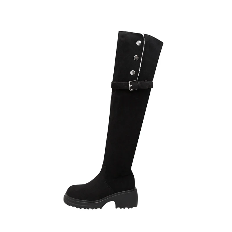 Damen kniehohe Worker‑Stiefel mit umklappbarem Teddy‑Bündchen und sculpted Plateau‑Absatz Nord Taschen