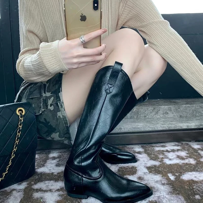 Damen Kniehohe Western‑Stiefel aus Glattleder mit spitzer Kappe und niedrigem Blockabsatz Nord Taschen