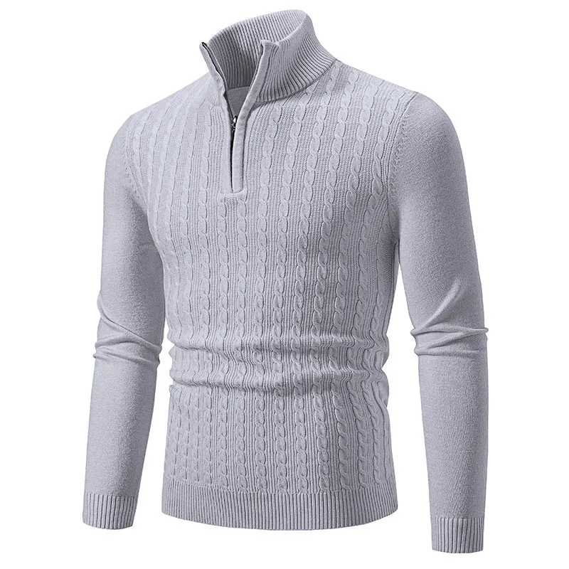 Herren Eleganter Zopfmuster-Halbzip-Pullover mit hohem Stehkragen und schmaler Passform Nord Taschen