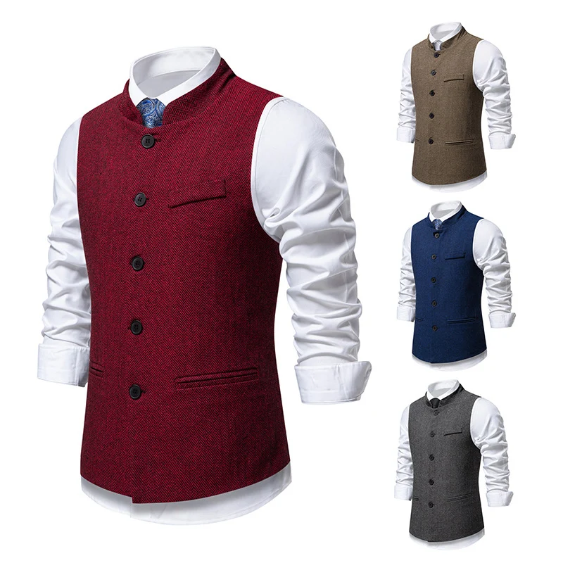 Herren Elegante Tweed-Weste mit Stehkragen und Fischgrätstruktur Nord Taschen