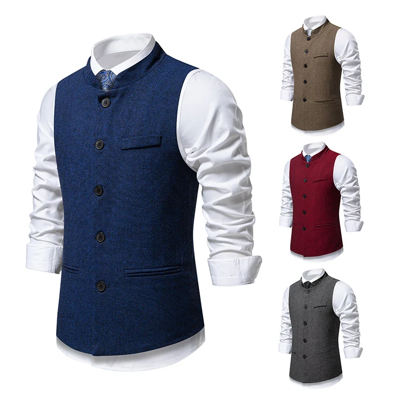 Herren Elegante Tweed-Weste mit Stehkragen und Fischgrätstruktur Nord Taschen