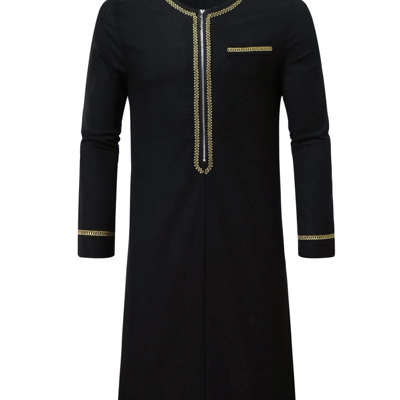 Herren Elegante Langtunika mit Rundhalsausschnitt, Frontreißverschluss und goldener Zierstickerei Nord Taschen