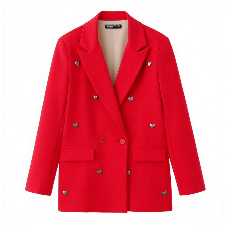 Damen Zweireihiger Blazer mit Herz‑Metalldetails und Pattentaschen Nord Taschen