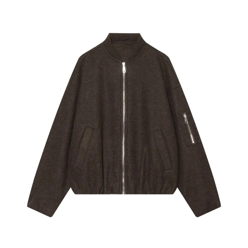 Damen Wollmix‑Bomberjacke im Oversized‑Boxy‑Schnitt mit Reißverschluss und Ärmeltasche Nord Taschen
