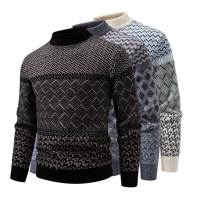 Herren Feinstrick-Mockneck-Pullover mit geometrischem Jacquard und gerippten Abschlüssen Nord Taschen
