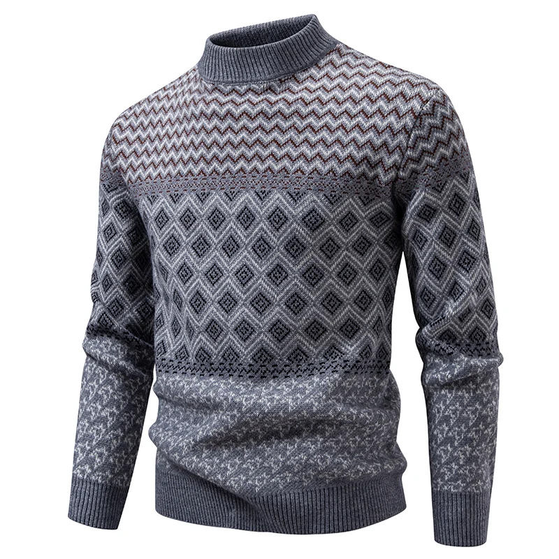 Herren Feinstrick-Mockneck-Pullover mit geometrischem Jacquard und gerippten Abschlüssen Nord Taschen