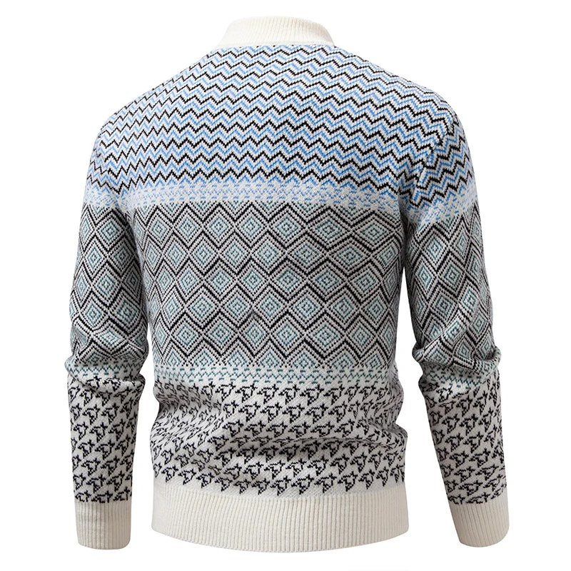 Herren Feinstrick-Mockneck-Pullover mit geometrischem Jacquard und gerippten Abschlüssen Nord Taschen