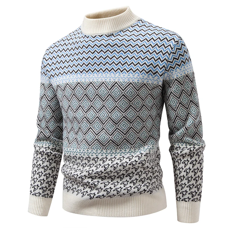 Herren Feinstrick-Mockneck-Pullover mit geometrischem Jacquard und gerippten Abschlüssen Nord Taschen