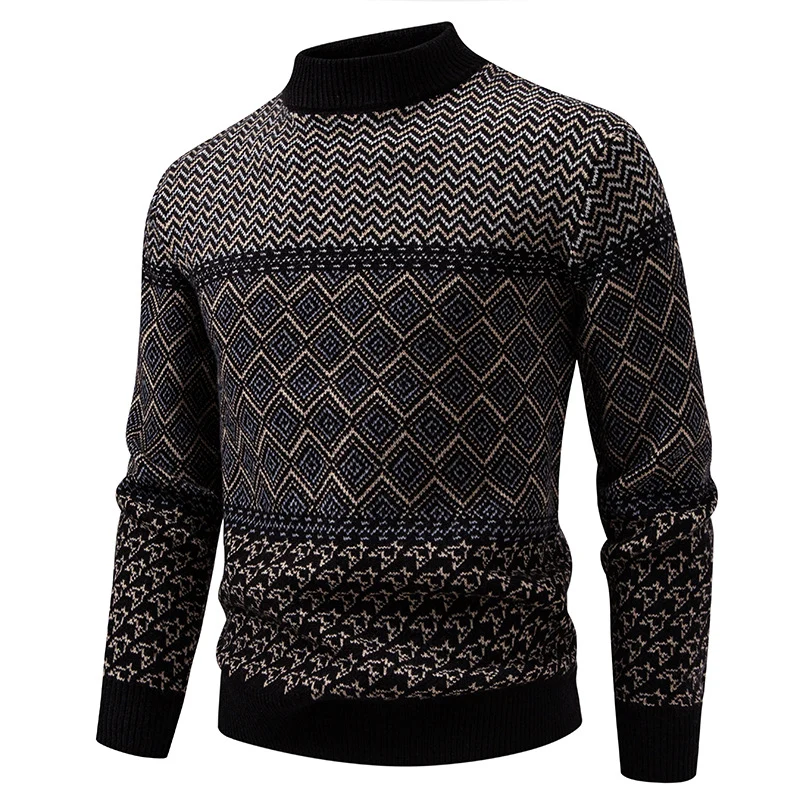 Herren Feinstrick-Mockneck-Pullover mit geometrischem Jacquard und gerippten Abschlüssen Nord Taschen