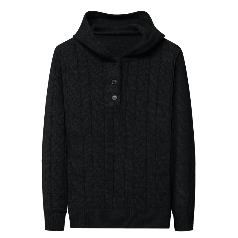 Herren Feinstrick-Kapuzenpullover mit Zopfmuster, Halbknopfblende und Kordelzug Nord Taschen