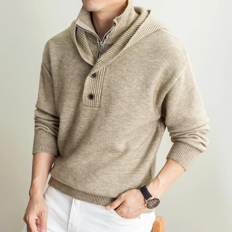Herren Feinstrick-Kapuzenpullover mit halbem Reißverschluss und Knopfblende Nord Taschen
