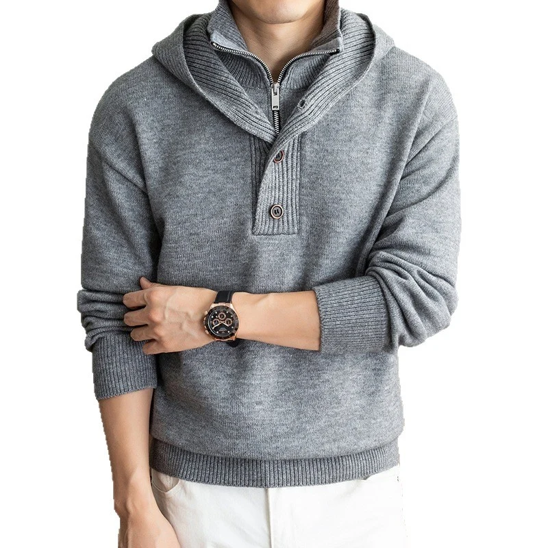 Herren Feinstrick-Kapuzenpullover mit halbem Reißverschluss und Knopfblende Nord Taschen