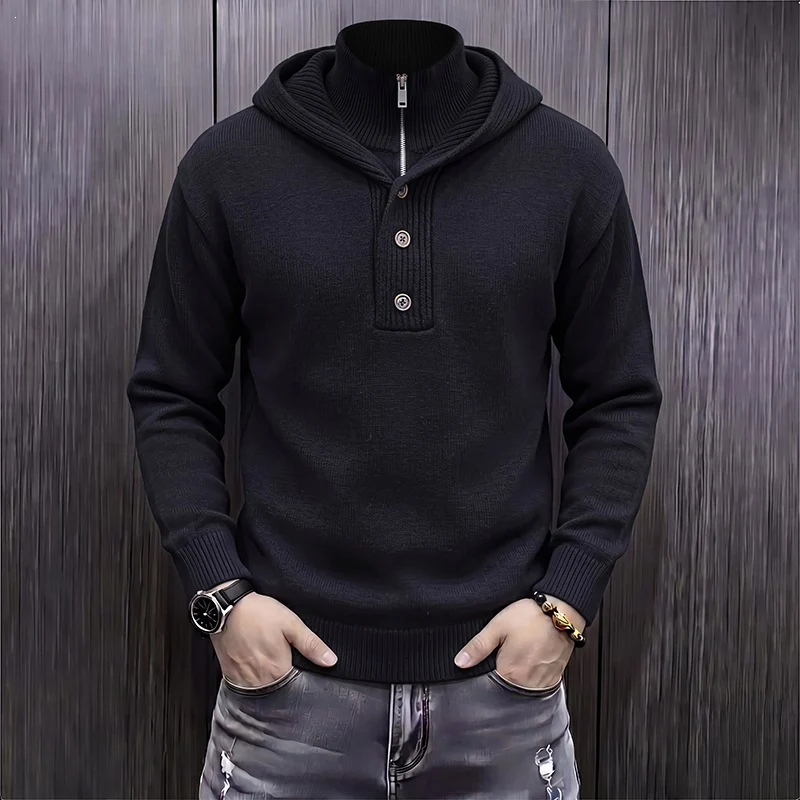 Herren Feinstrick-Kapuzenpullover mit halbem Reißverschluss und Knopfblende Nord Taschen