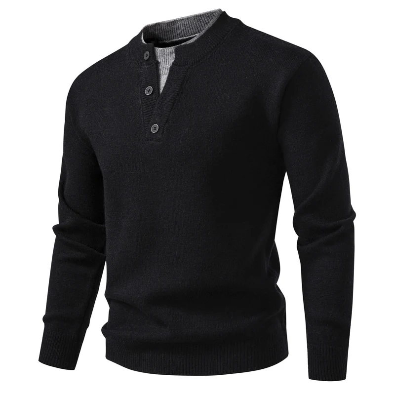 Herren Feinstrick-Henley-Pullover mit kurzer Knopfleiste und geripptem Stehkragen Nord Taschen