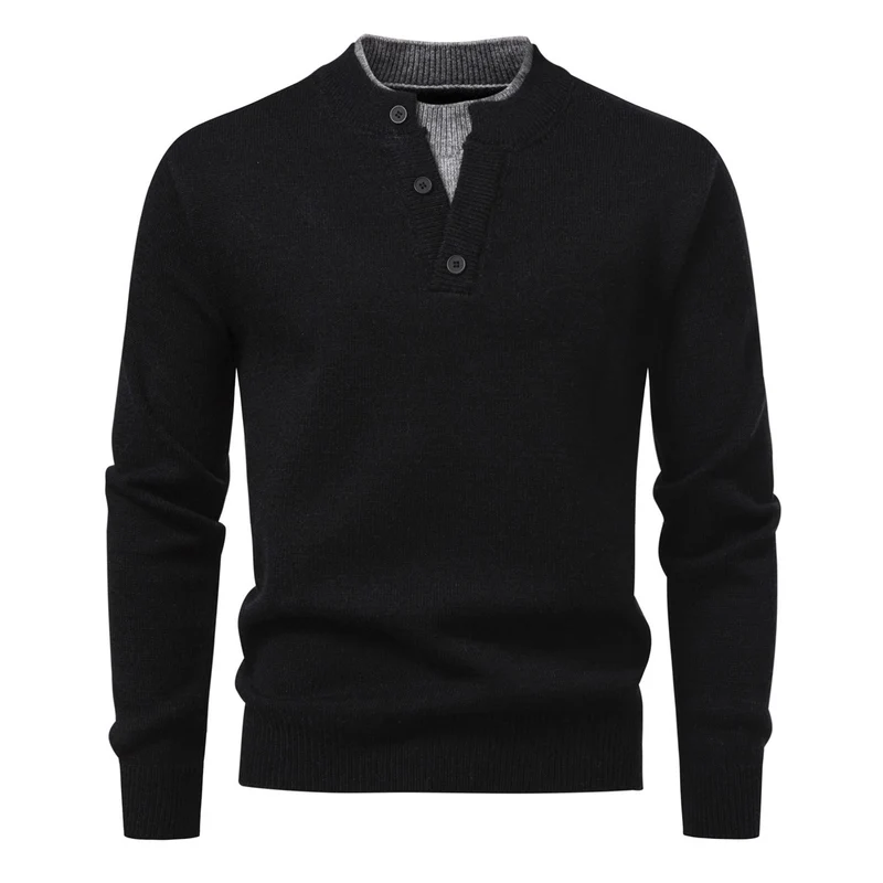 Herren Feinstrick-Henley-Pullover mit kurzer Knopfleiste und geripptem Stehkragen Nord Taschen