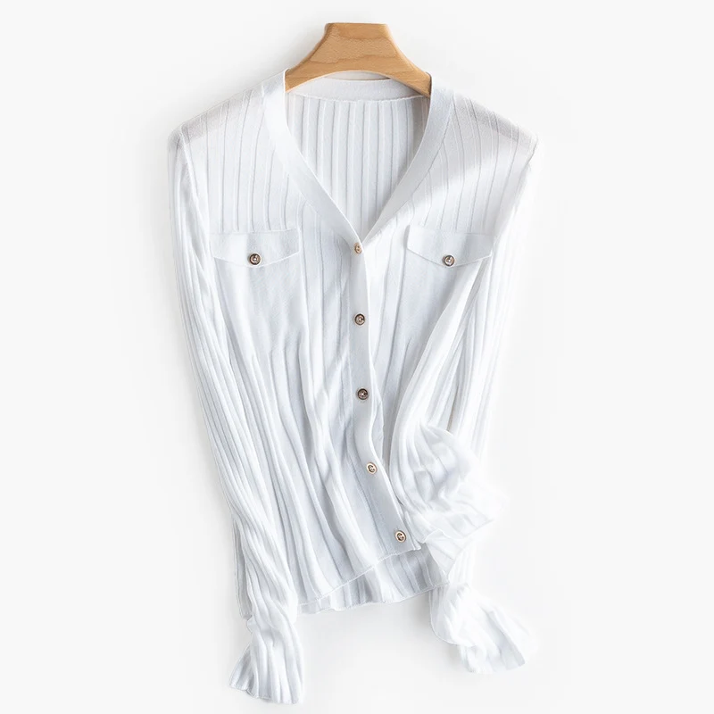 Damen Feiner gerippter Knopfcardigan mit V‑Ausschnitt und Brustklappen Nord Taschen