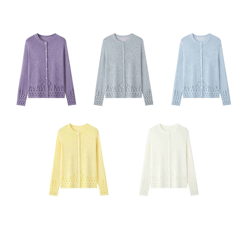 Damen Feiner Feinstrick-Cardigan mit Ajourmuster am Saum und Rundhalsausschnitt Nord Taschen