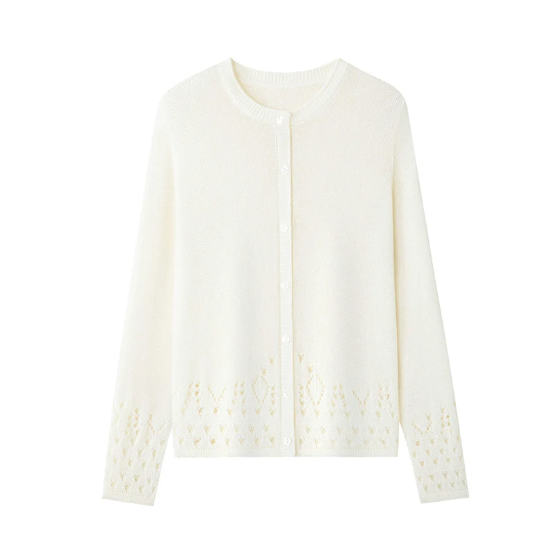 Damen Feiner Feinstrick-Cardigan mit Ajourmuster am Saum und Rundhalsausschnitt Nord Taschen