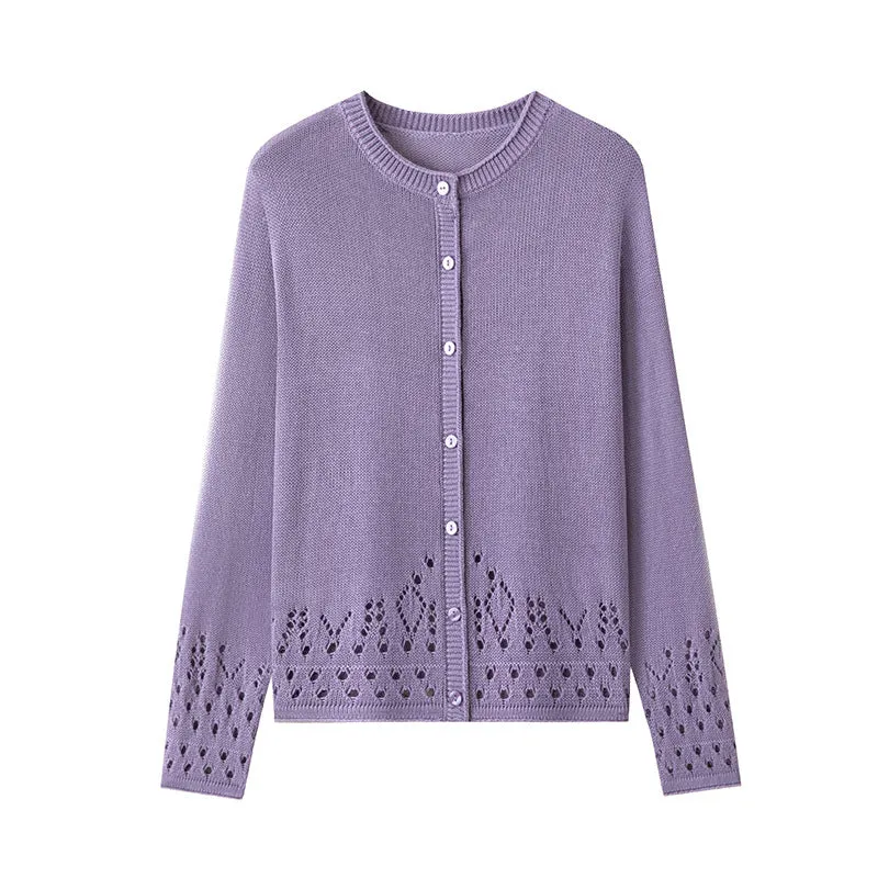 Damen Feiner Feinstrick-Cardigan mit Ajourmuster am Saum und Rundhalsausschnitt Nord Taschen