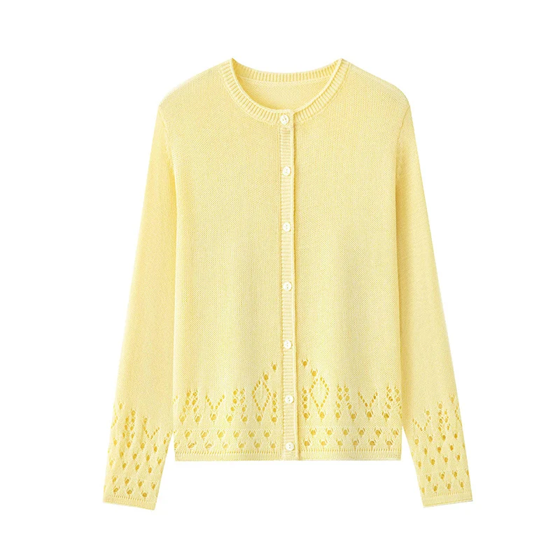 Damen Feiner Feinstrick-Cardigan mit Ajourmuster am Saum und Rundhalsausschnitt Nord Taschen