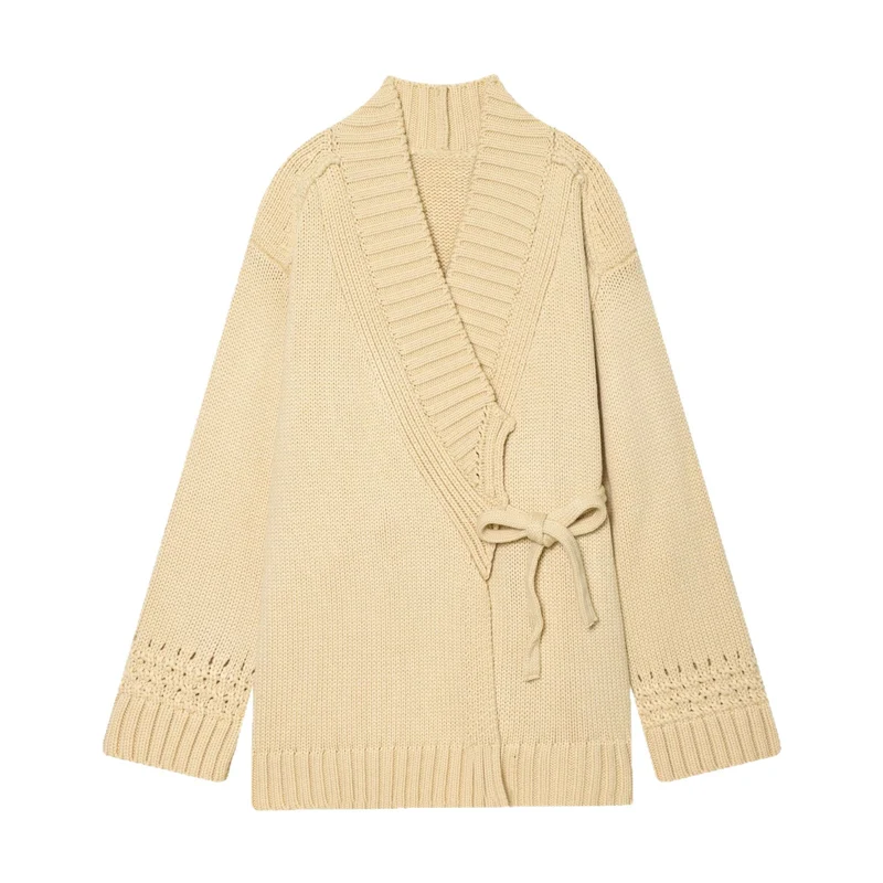 Damen Wickelcardigan mit Schalkragen, Grobstrick und Bindegürtel Nord Taschen