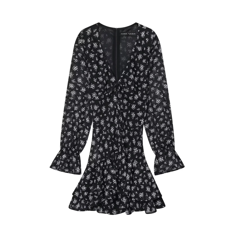 Damen Wickel-Minikleid mit Volantrock, tiefem V‑Ausschnitt und Trompetenärmeln Nord Taschen