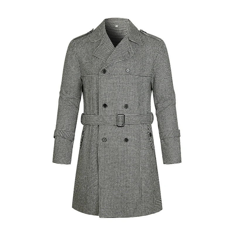 Herren Doppelreihiger Trenchcoat mit Hahnentritt‑Muster, tailliertem Schnitt und Bindegürtel Nord Taschen