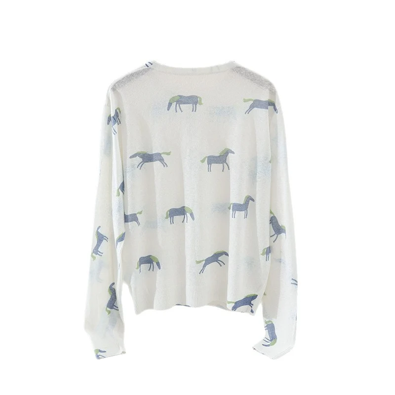 Damen Fein gestrickter Knopfcardigan mit Pferde-Print und Rundhalsausschnitt Nord Taschen