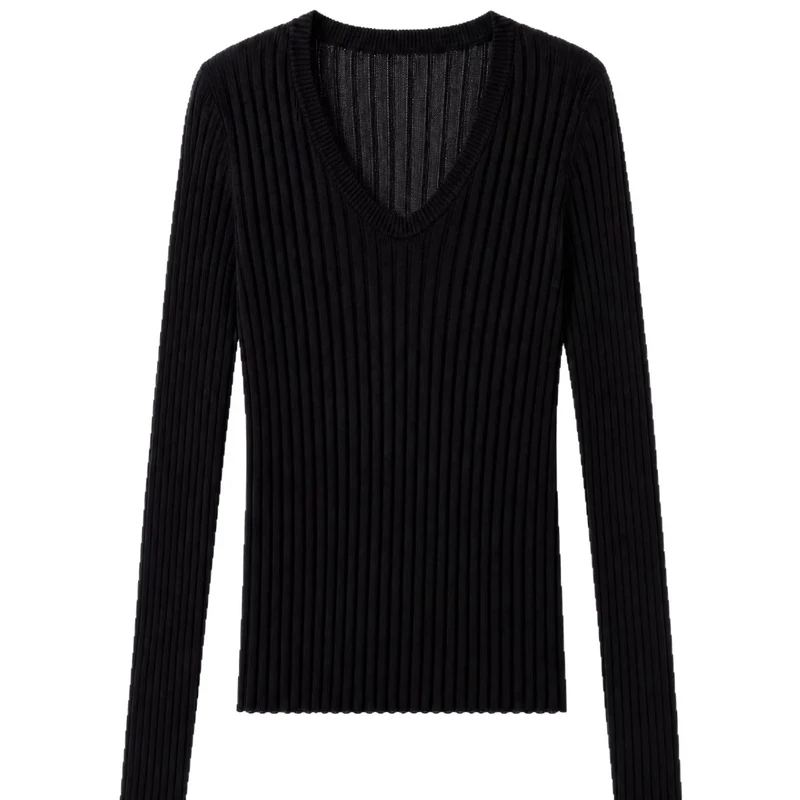 Damen Enges Feinstrick-Longsleeve mit tiefem V-Ausschnitt und breiter Rippenstruktur Nord Taschen
