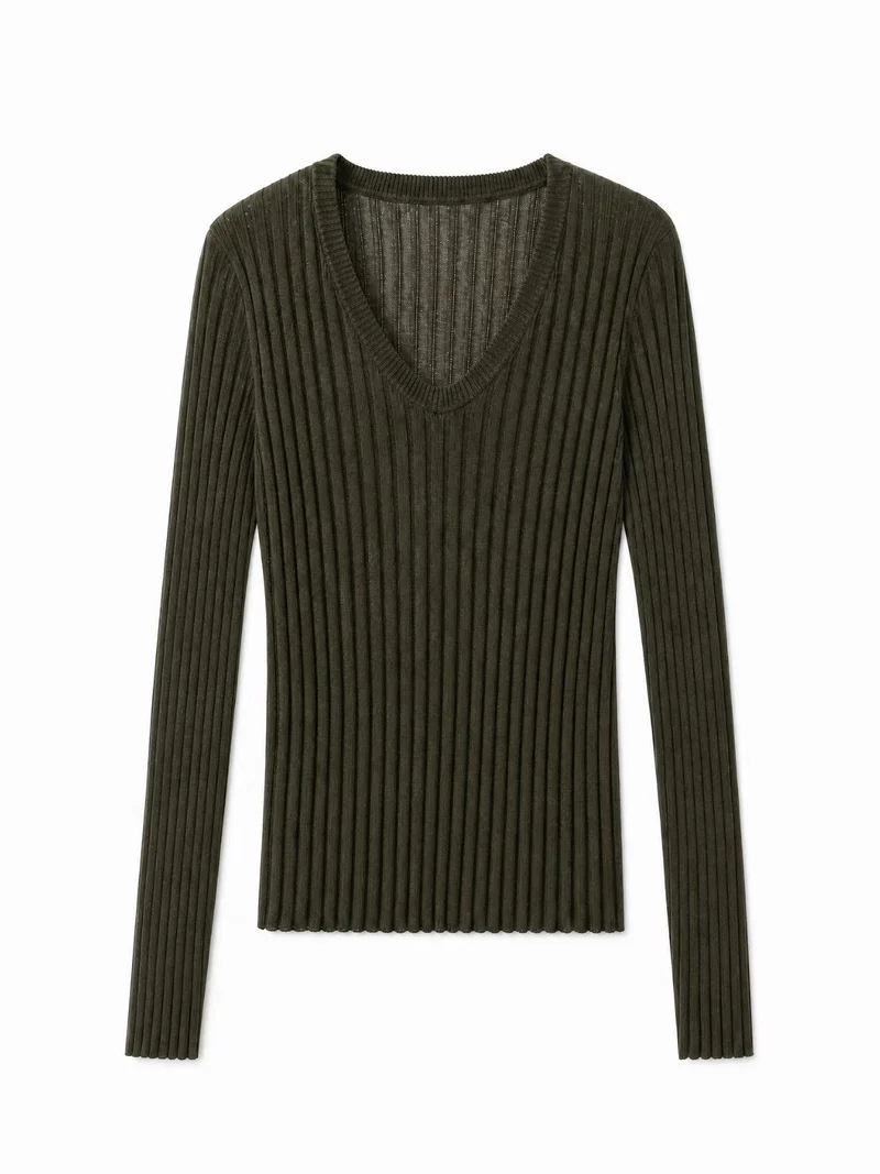 Damen Enges Feinstrick-Longsleeve mit tiefem V-Ausschnitt und breiter Rippenstruktur Nord Taschen
